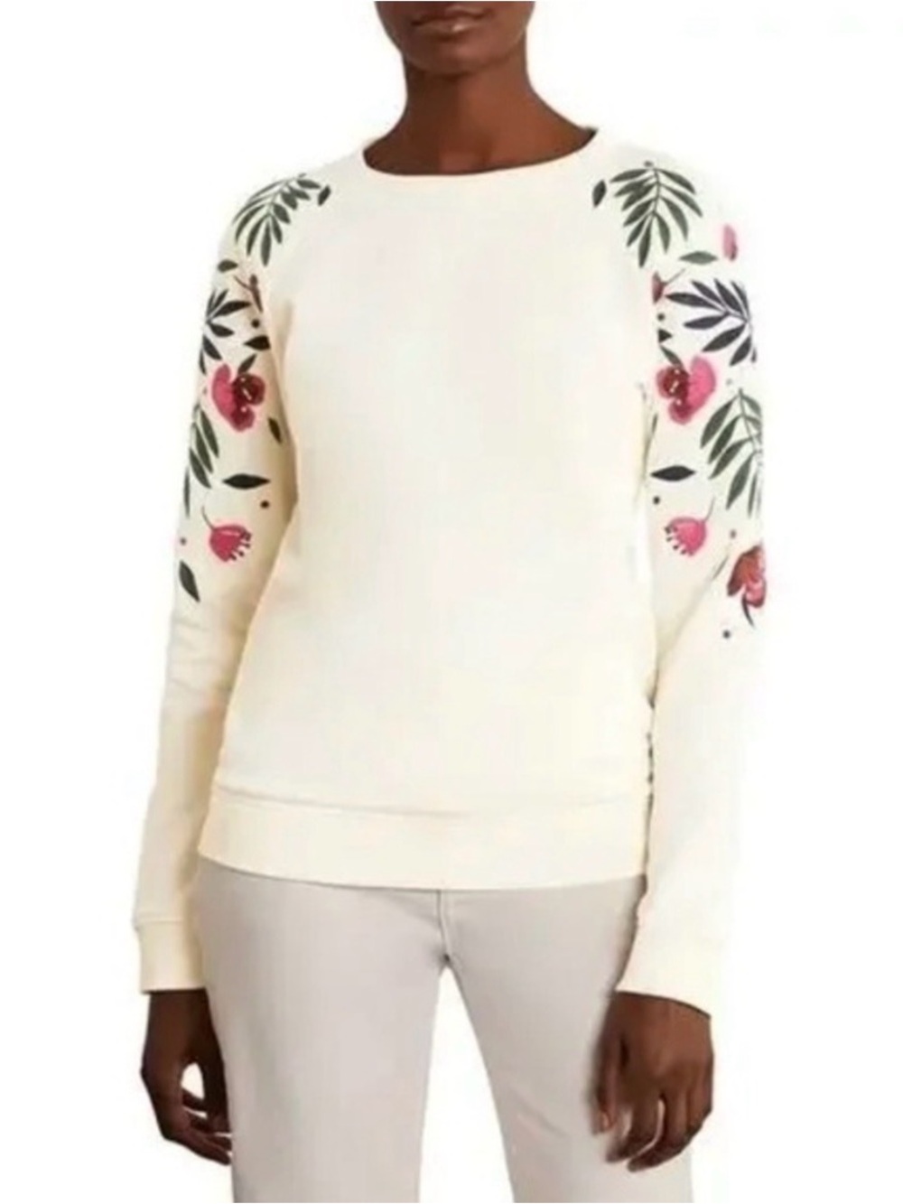Boden Cream / Ivory / Off White Embroidered Sleeves Sweatshirt Size Small NEW